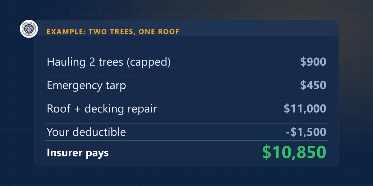 Example: $900 tree hauling, $450 tarp, $11,000 roof repair, $1,500 deductible, insurer pays $10,850