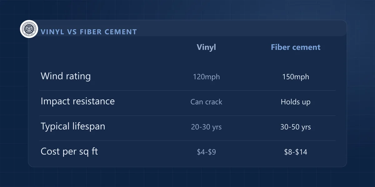 Vinyl vs fiber cement comparison: wind rating, impact resistance, lifespan and cost per square foot