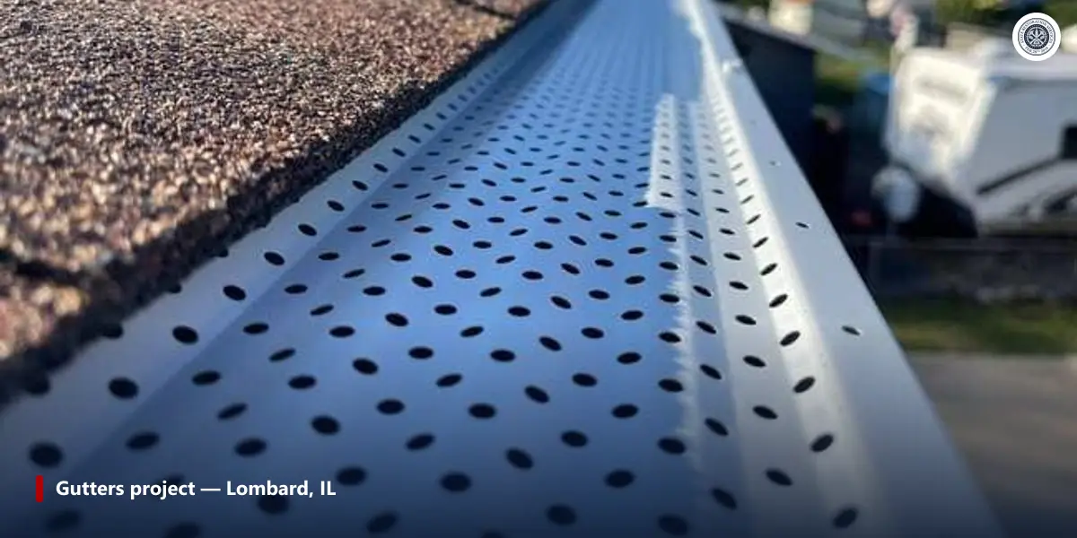 Close view of a perforated aluminum gutter guard fitted along the edge of a brown shingle roof