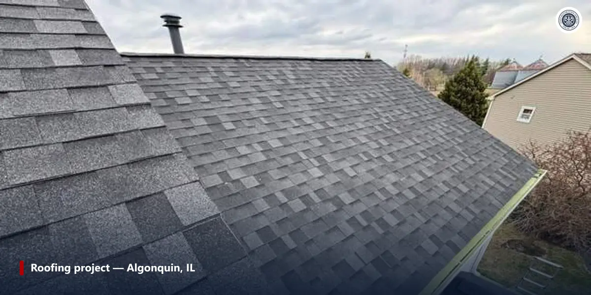 Gray asphalt shingle roof slope running down to the gutter at the eave, Algonquin, IL