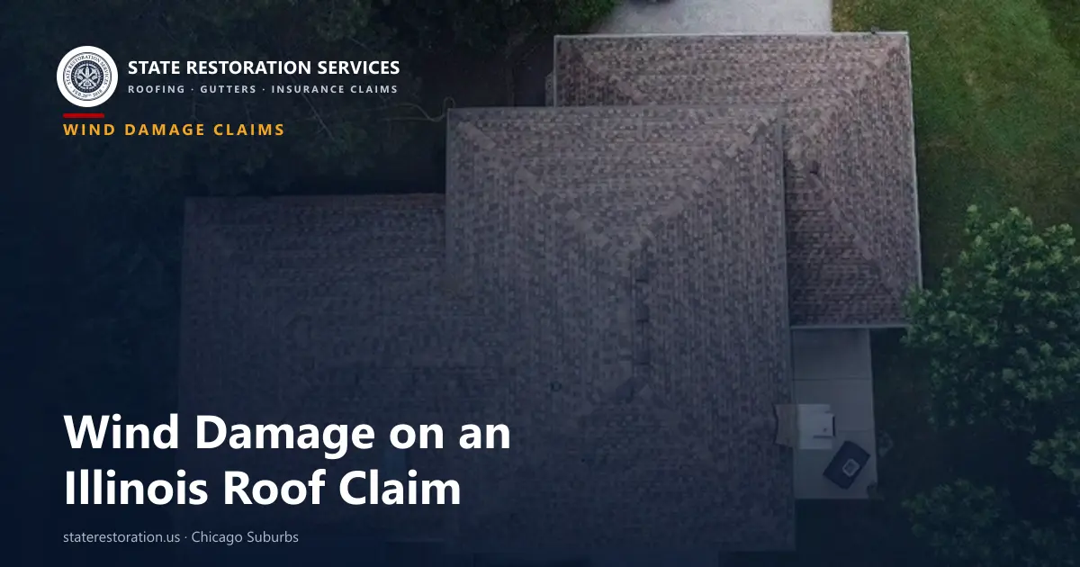 Aerial view of an asphalt shingle roof on a Chicago-suburb home after a windstorm