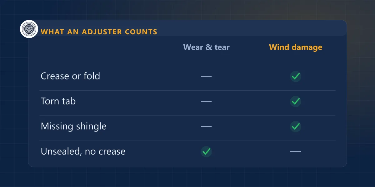 Table showing that creases, torn tabs and missing shingles count as wind damage while an unsealed shingle alone does not