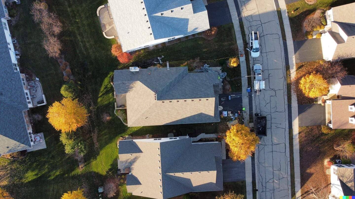 Drone perspective of a new roof built by State Restoration Services, showing precise installation and high-quality materials