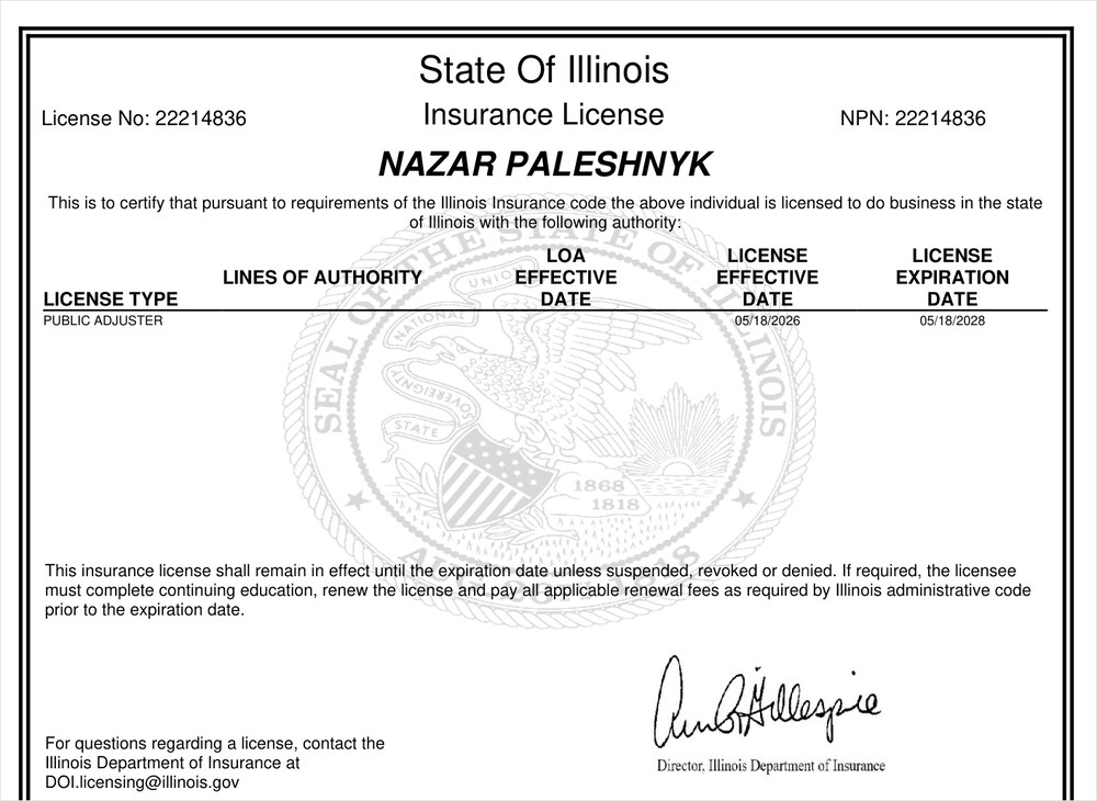 Nazar Paleshnyk — official State of Illinois public adjuster license certificate