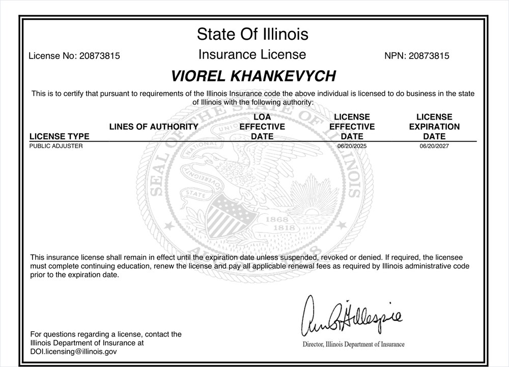 Viorel Khankevych — official State of Illinois public adjuster license certificate